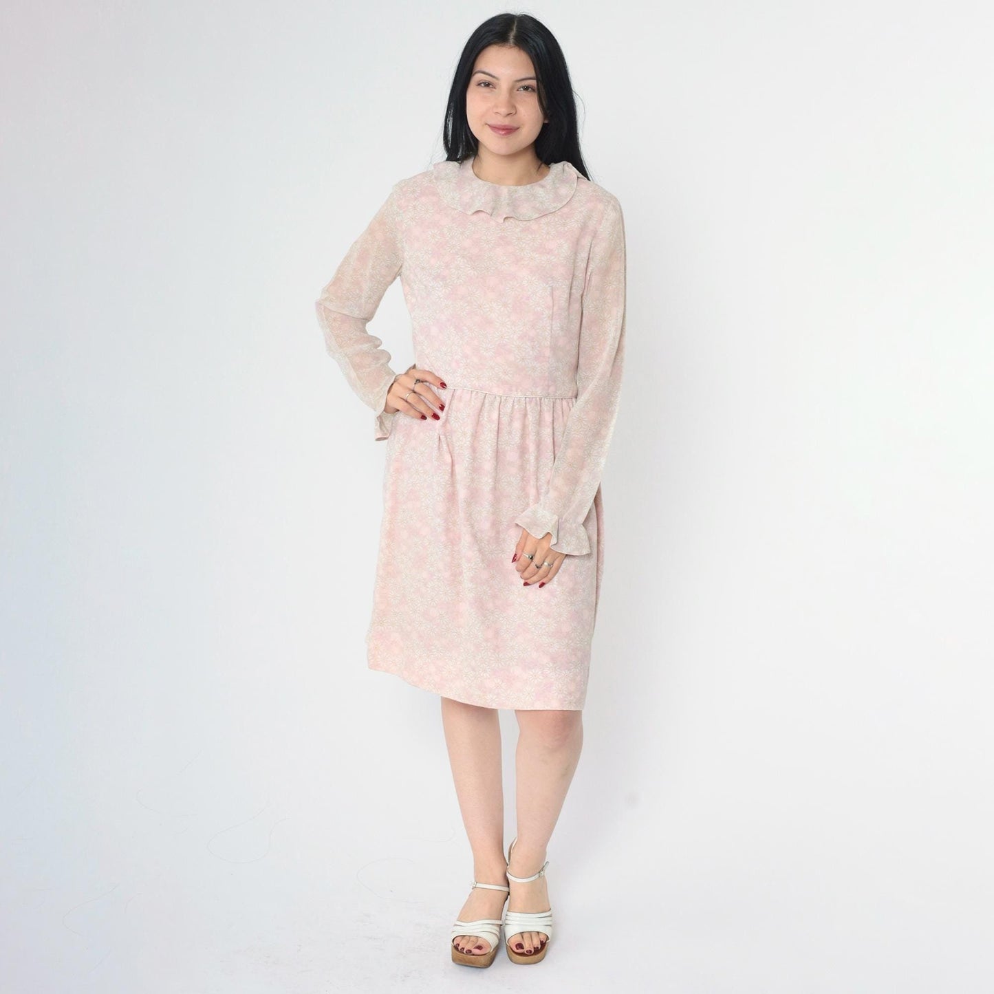 1960s Pink Floral Dress Sheer Bell Sleeve Ruffle Collar Knee Length Medium