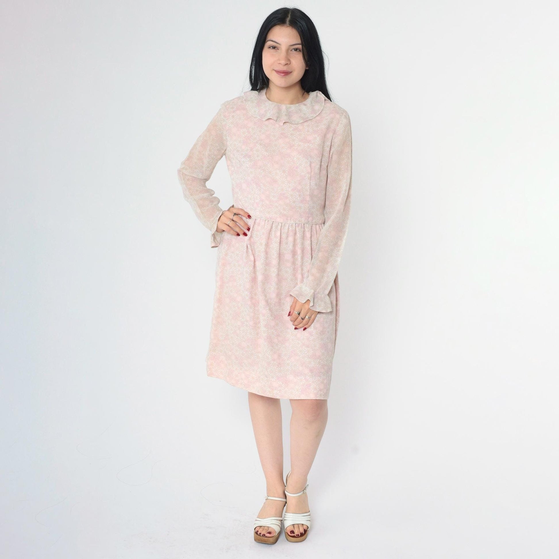 1960s Pink Floral Dress Sheer Bell Sleeve Ruffle Collar Knee Length Medium