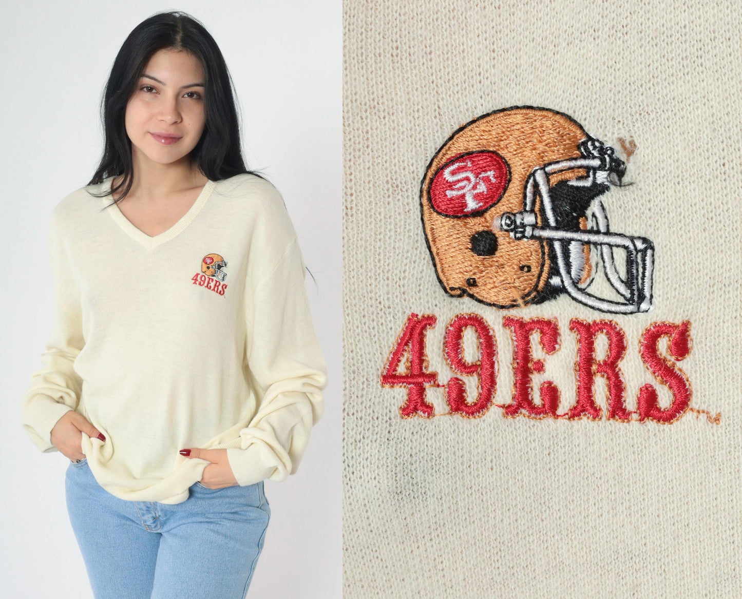 80s San Francisco 49ers Logo 7 NFL Sweater Cream V-Neck Large