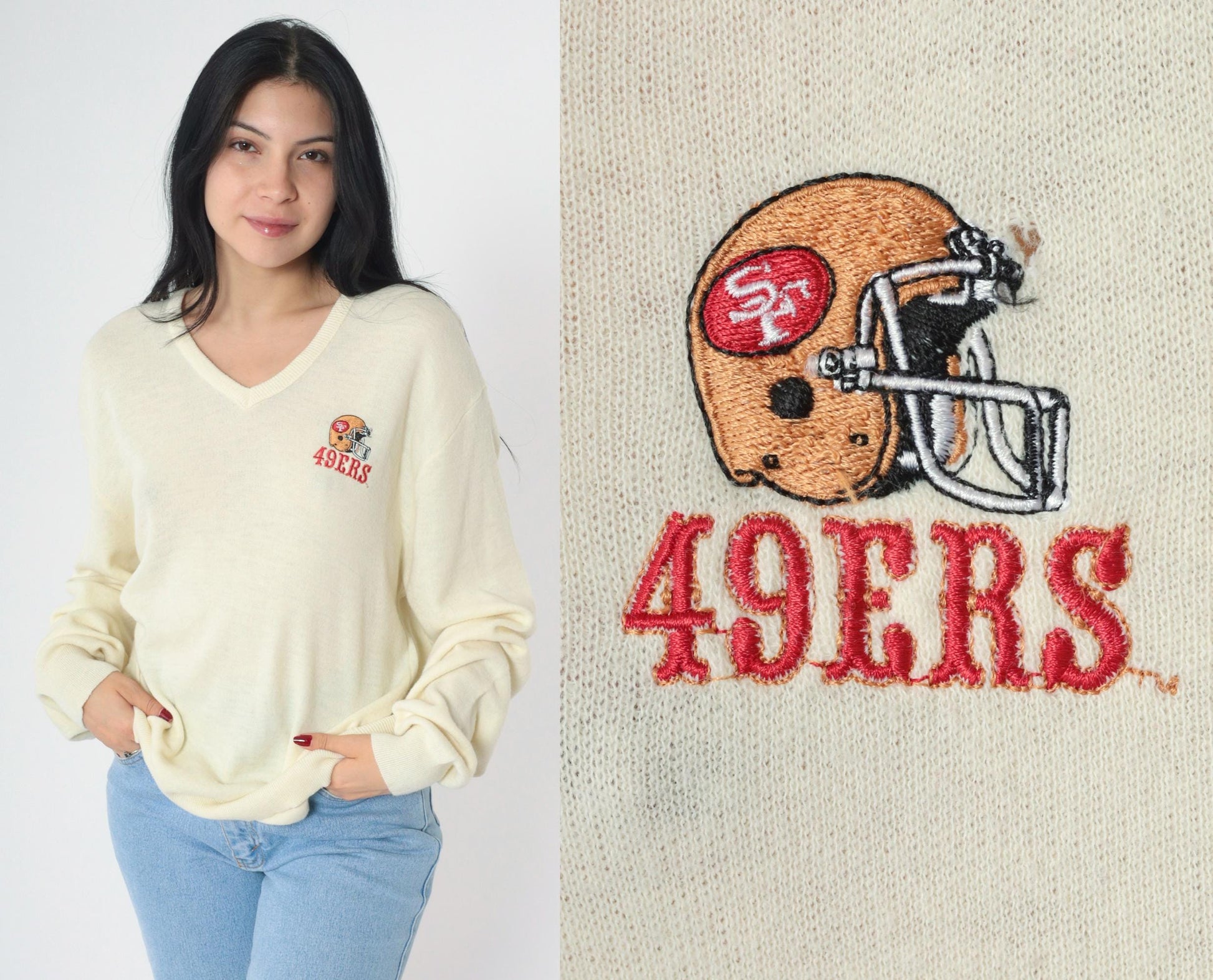 80s San Francisco 49ers Logo 7 NFL Sweater Cream V-Neck Large
