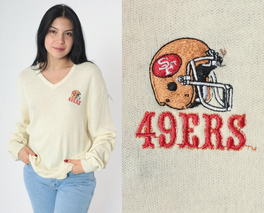 80s San Francisco 49ers Logo 7 NFL Sweater Cream V-Neck Large