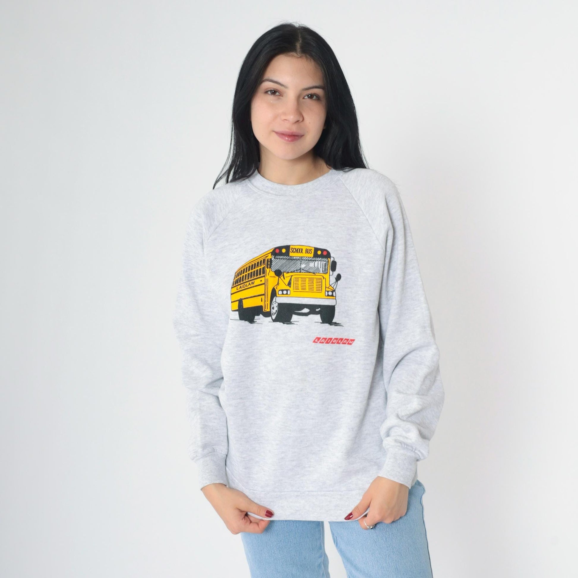 90s Jerzees Laidlaw School Bus Graphic Sweatshirt Grey Crewneck Medium