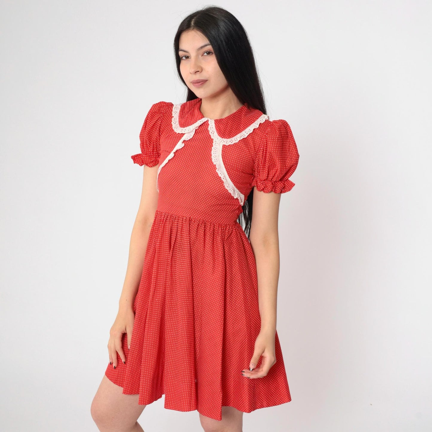 1970s Red Polka Dot Mini Dress Peter Pan Collar Puff Sleeve XXS