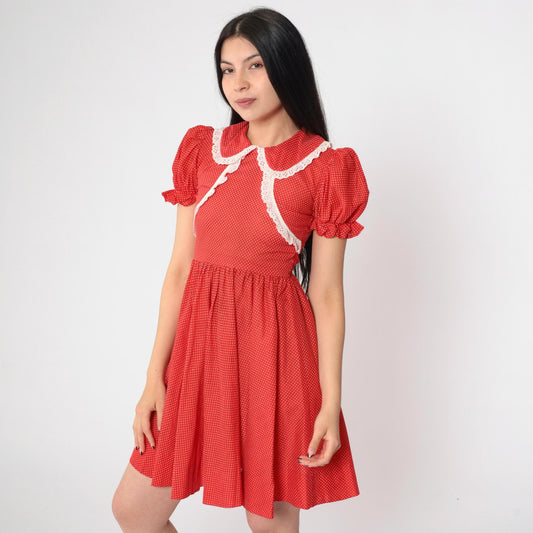 1970s Red Polka Dot Mini Dress Peter Pan Collar Puff Sleeve XXS