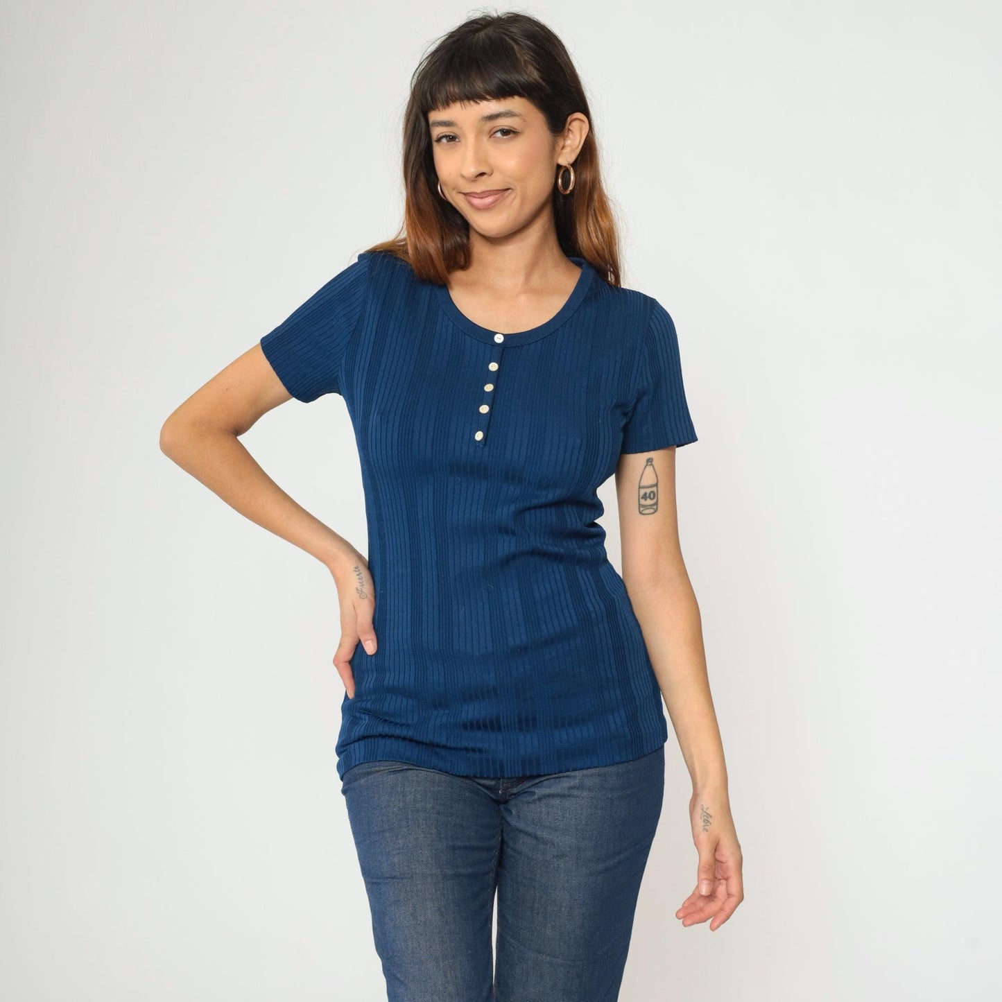 70s Navy Ribbed Polyester Baby Tee Scoop Neck Button Front Medium