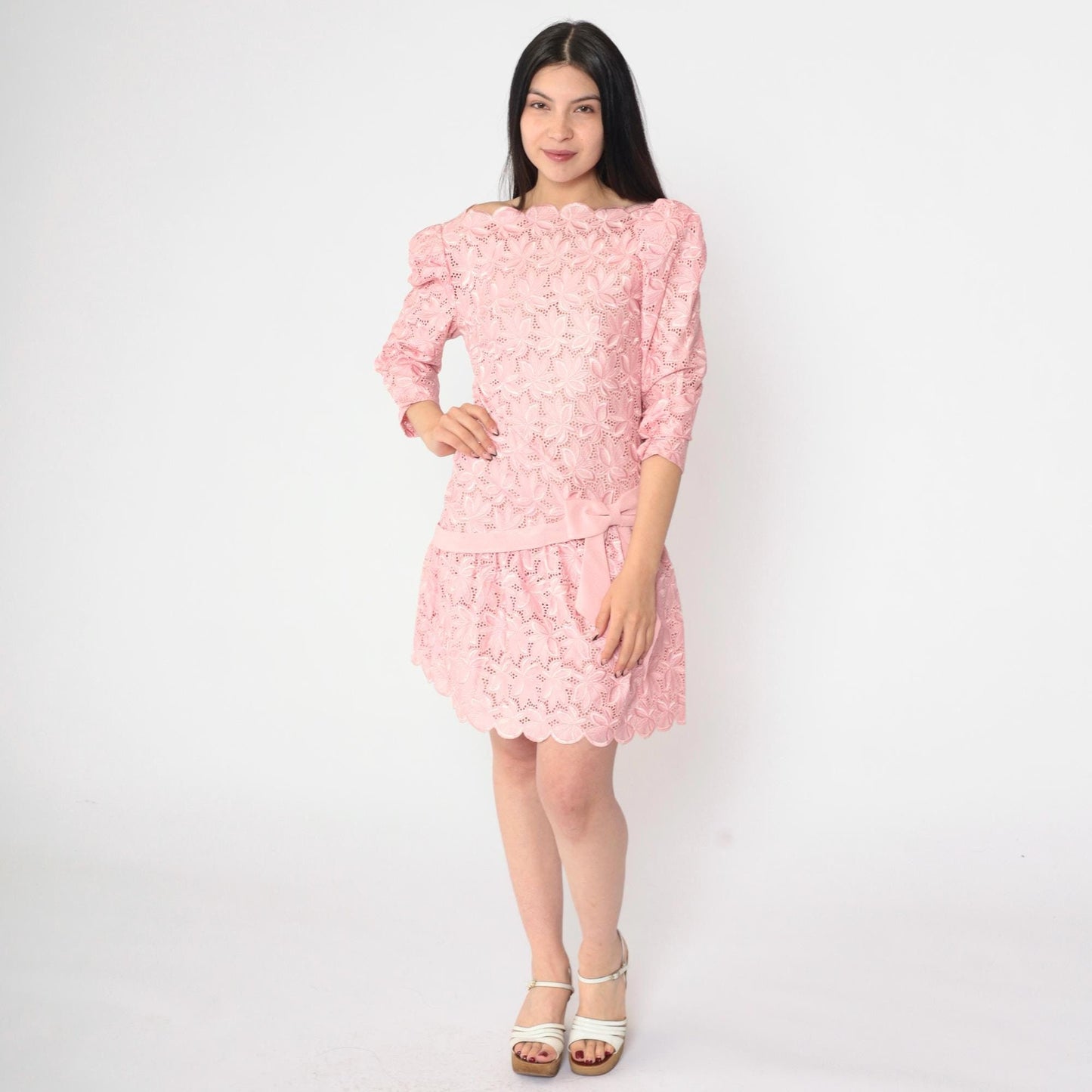 80s Baby Pink Lace Mini Dress Puff Sleeve Drop Waist Bow Extra Small