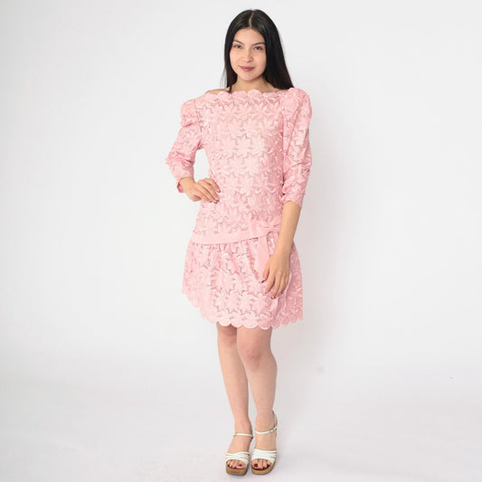 80s Baby Pink Lace Mini Dress Puff Sleeve Drop Waist Bow Extra Small