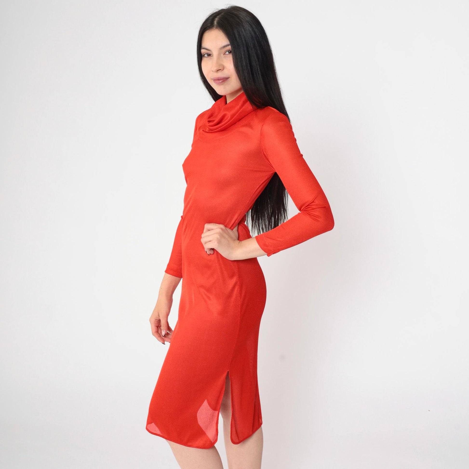 70s Red Sheer Cowl Neck Midi Dress Long Sleeve Bodycon Side Slit Small