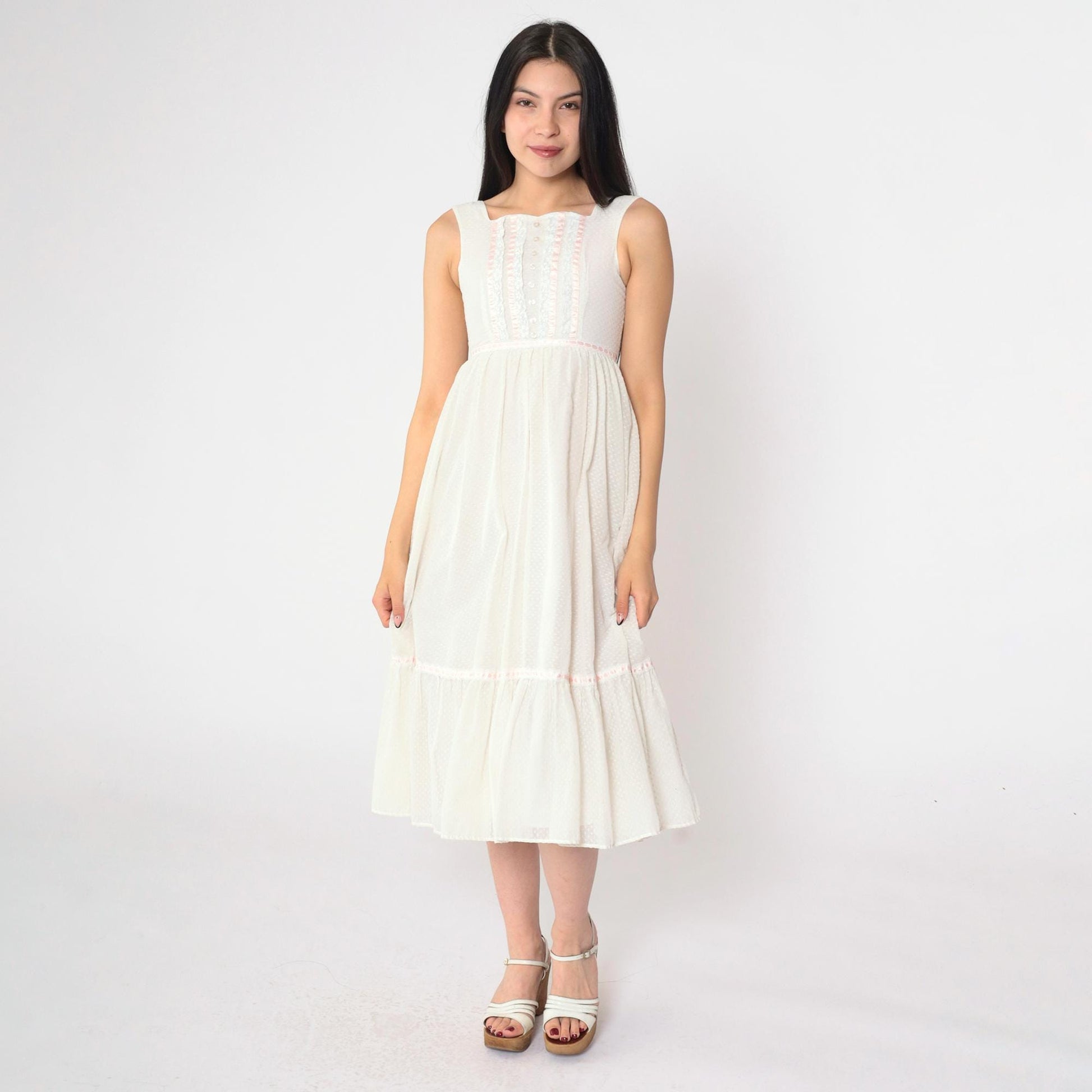 70s White Prairie Midi Dress Empire Waist Tiered Lace Pink Ribbon 2XS
