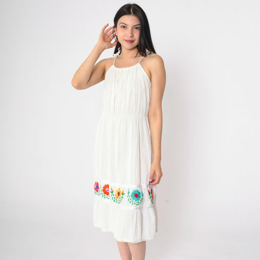 80s Mexican Floral Embroidered White Midi Dress Spaghetti Strap Medium