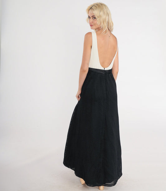 90s Black and White Maxi Dress Sleeveless Low Back High Waist Small