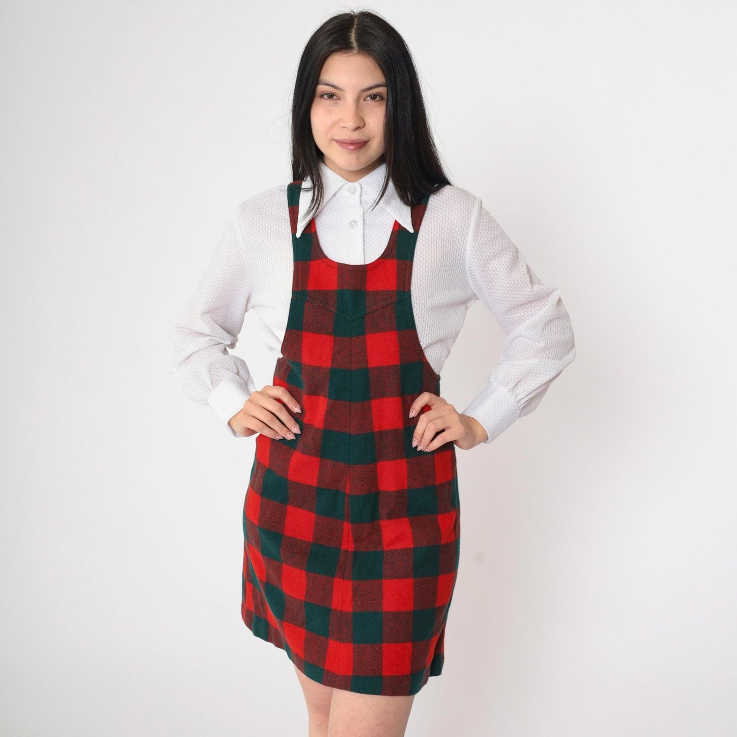 70s Plaid Jumper Dress Red Green Checkered Mini Sleeveless Extra Small