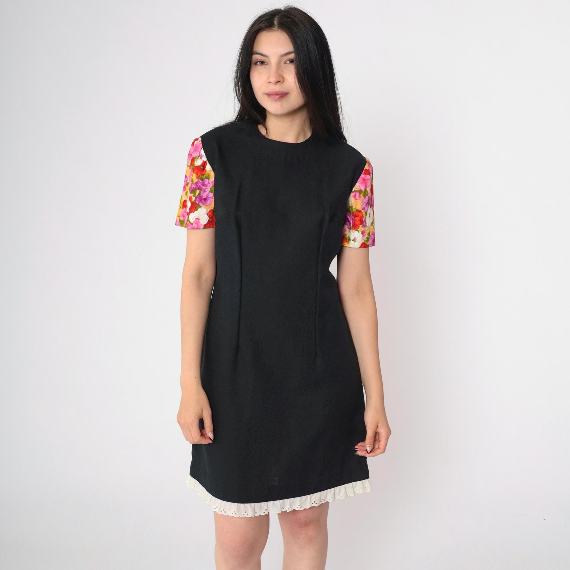 1960s Black Floral Puff Sleeve Mini Dress Eyelet Lace Shift Small S