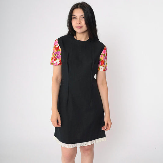 1960s Black Floral Puff Sleeve Mini Dress Eyelet Lace Shift Small S