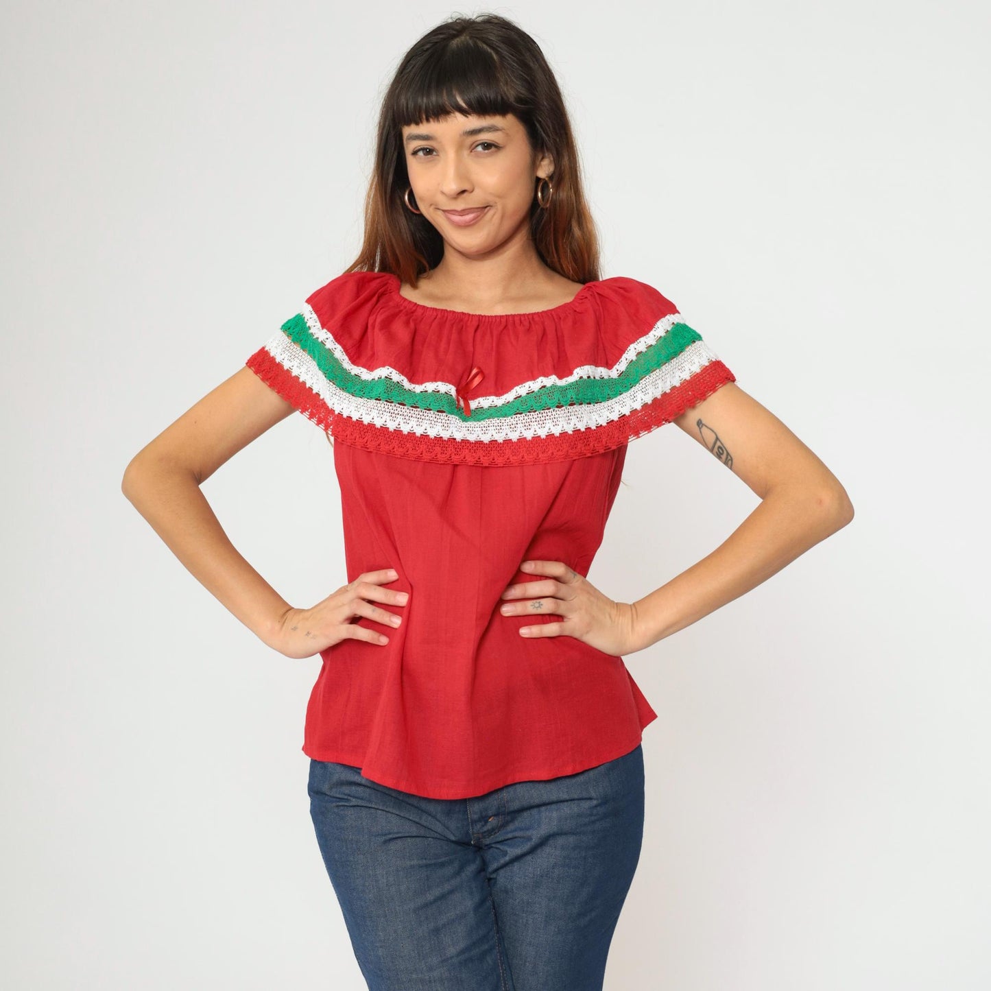 90s Red Mexican Peasant Blouse Crochet Lace Off-Shoulder Small Medium