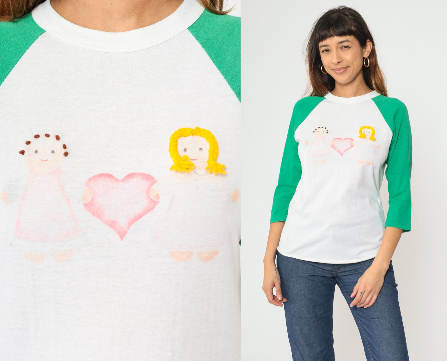 80s Raglan Baseball Tee White Green Doll Heart Graphic Small