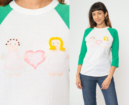 80s Raglan Baseball Tee White Green Doll Heart Graphic Small