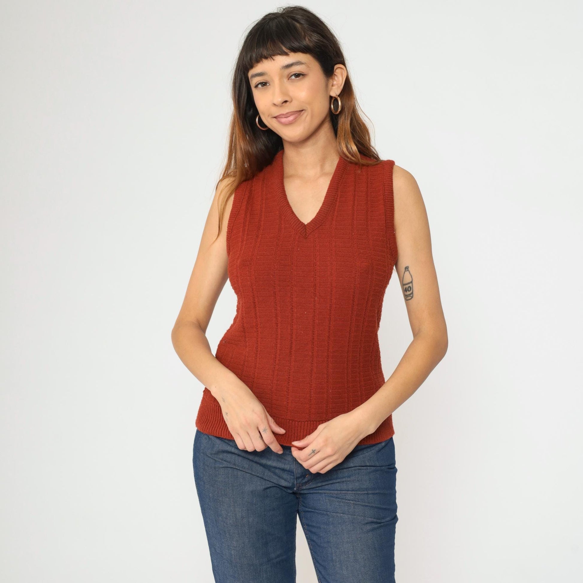 80s Montgomery Ward Rust Acrylic Knit Vest V-Neck Sleeveless Pullover Small