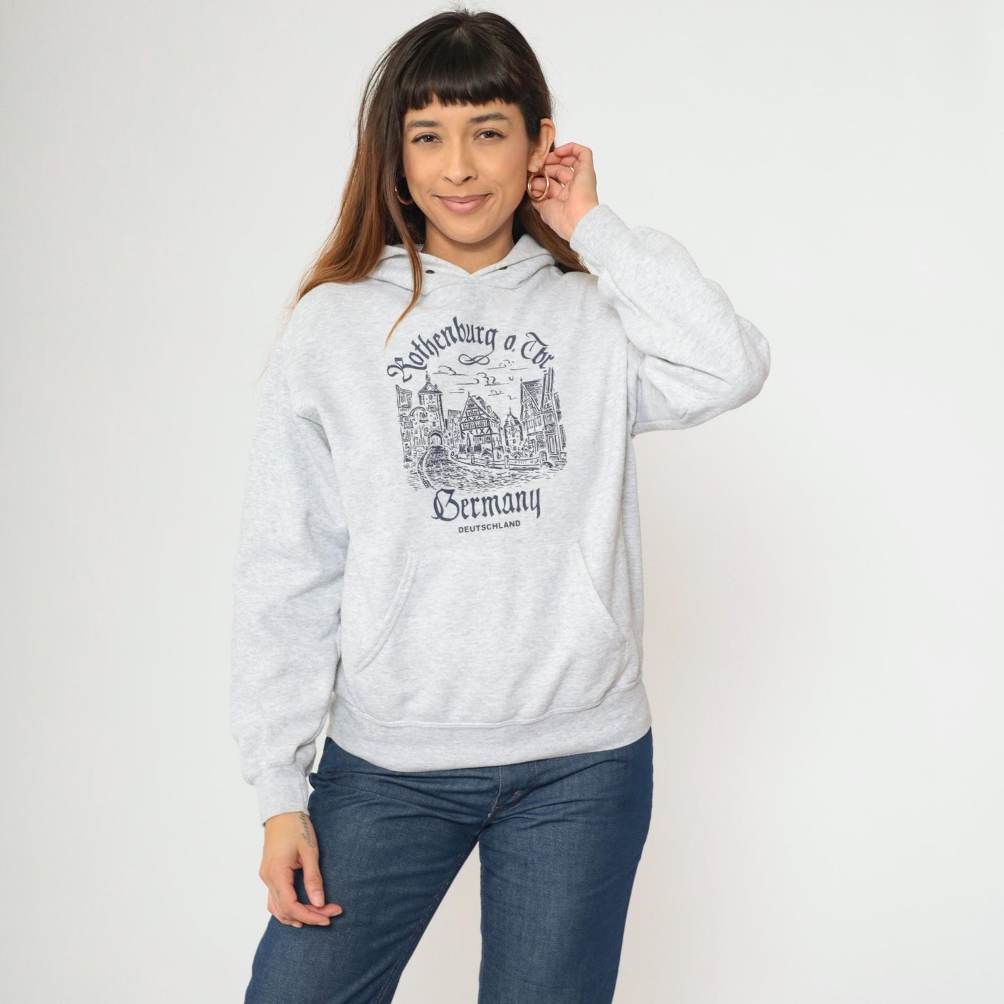 00s Rothenburg ob der Tauber Germany Hoodie Sweatshirt Grey Graphic Small