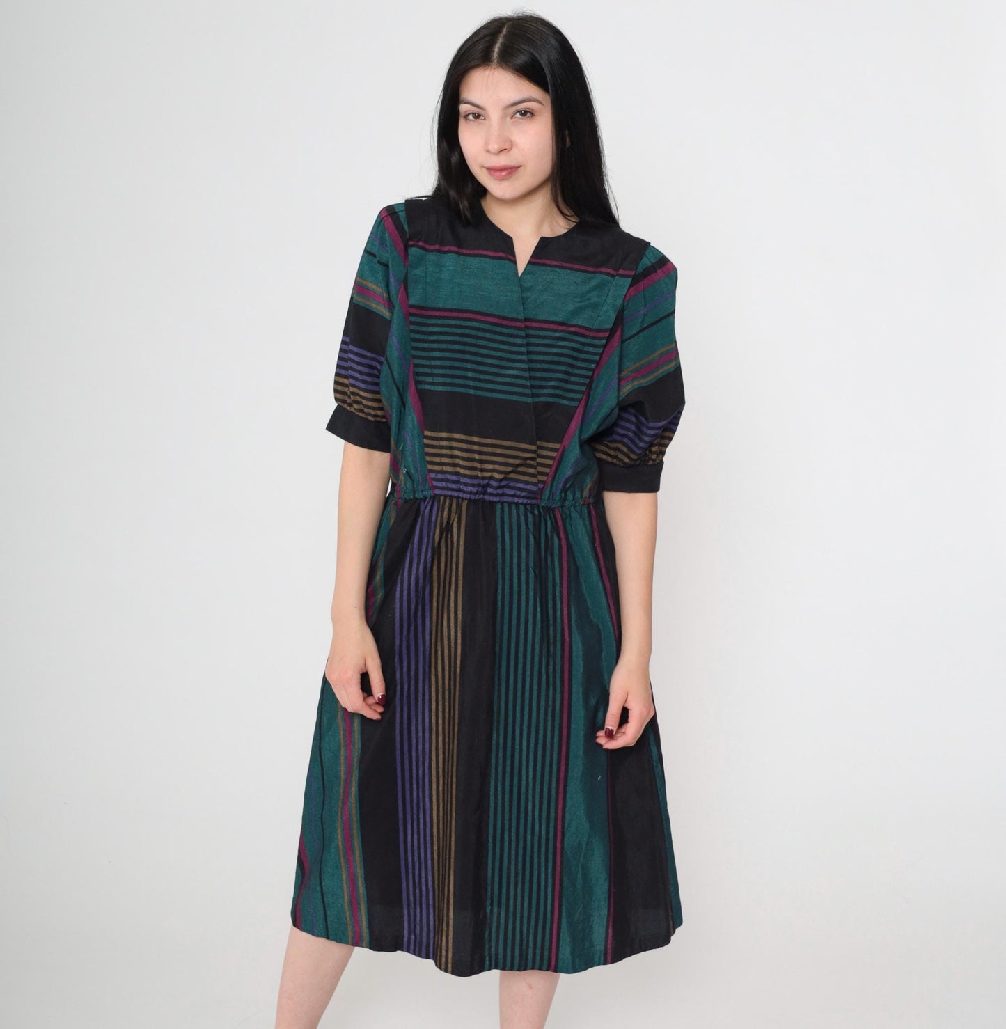 80s Multicolor Striped Midi Dress Puff Sleeve High Waist V-Neck Small S