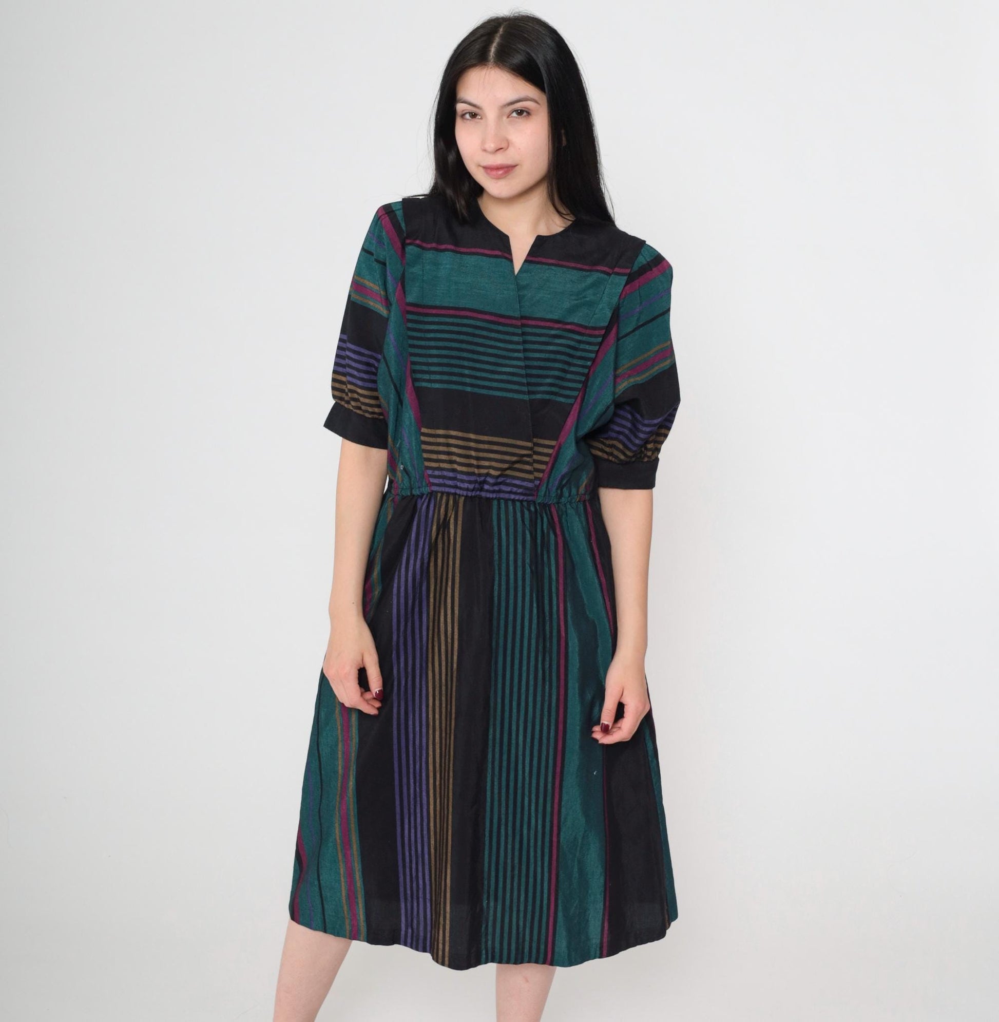 80s Multicolor Striped Midi Dress Puff Sleeve High Waist V-Neck Small S