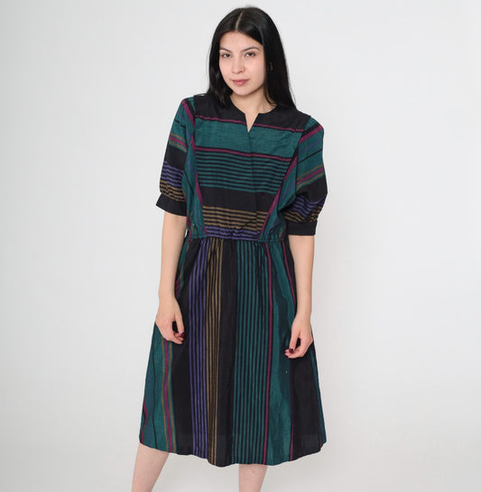 80s Multicolor Striped Midi Dress Puff Sleeve High Waist V-Neck Small S