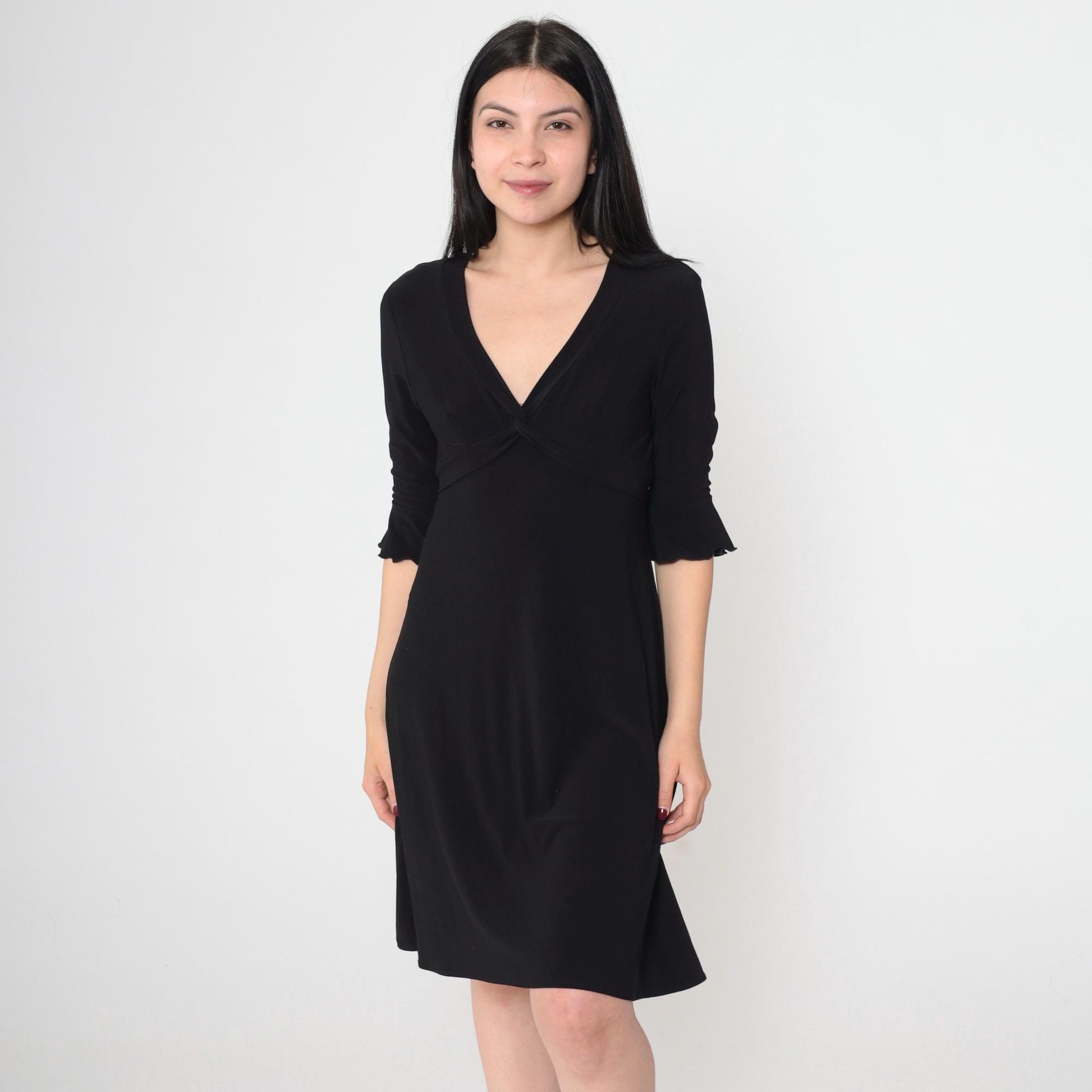 Y2K Black Mini Dress V-Neck Empire Waist Ruffle Sleeve Medium M