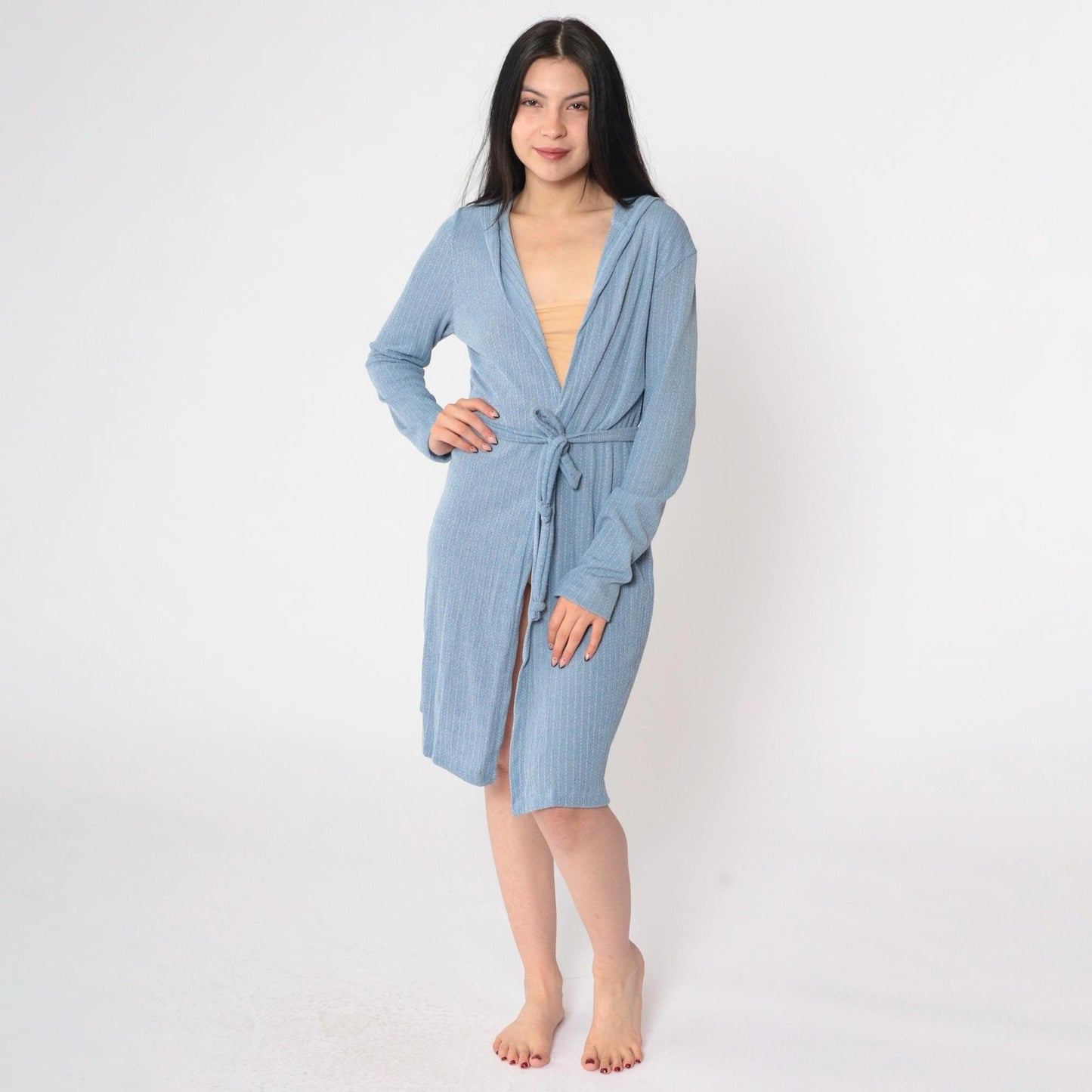 90s Blue Pinstriped Knit Hooded Jacket Tie Waist Open Front Knee Length Large