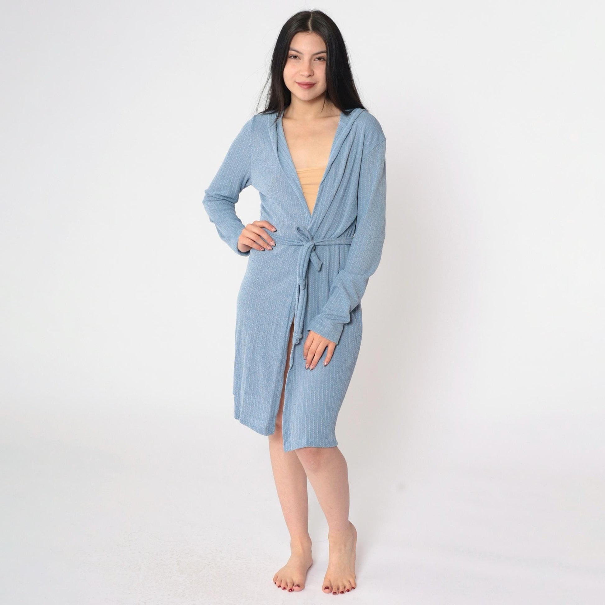 90s Blue Pinstriped Knit Hooded Jacket Tie Waist Open Front Knee Length Large