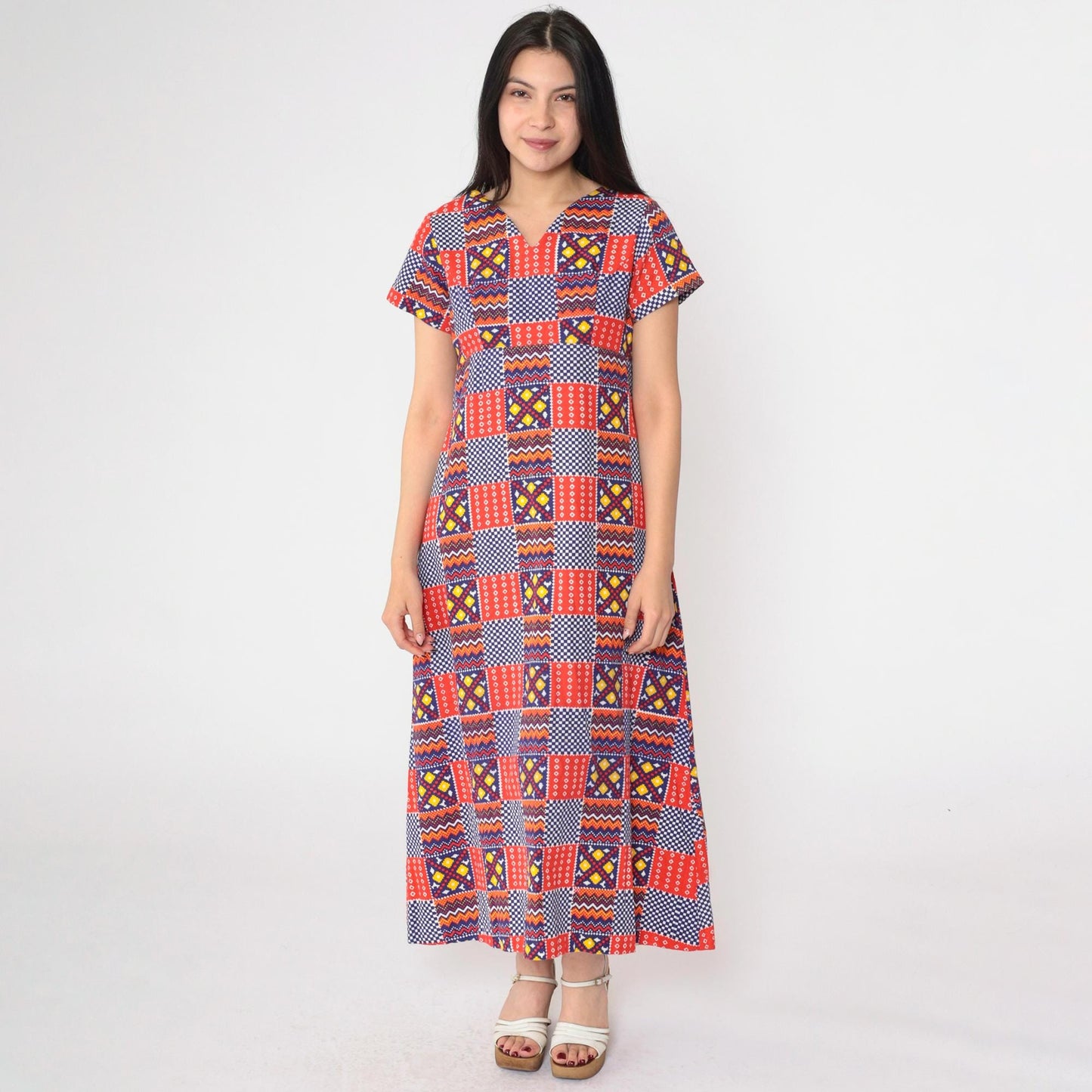 70s Patchwork Geometric Dress Empire Waist V-Neck Ankle Length Medium
