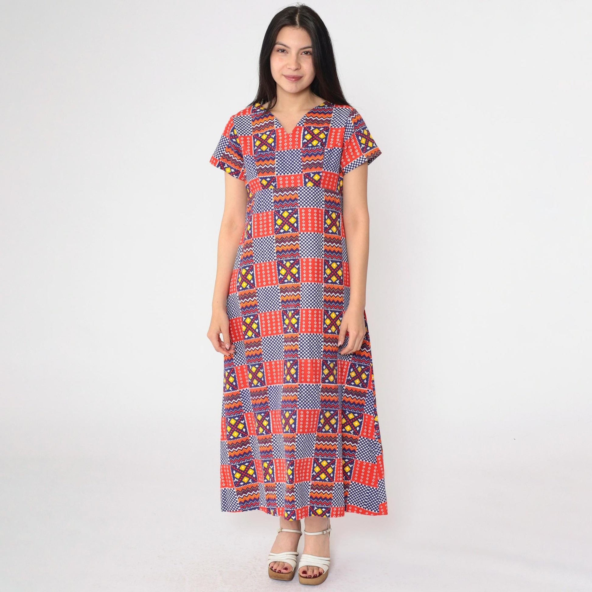 70s Patchwork Geometric Dress Empire Waist V-Neck Ankle Length Medium