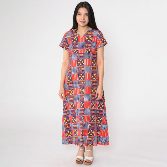 70s Patchwork Geometric Dress Empire Waist V-Neck Ankle Length Medium