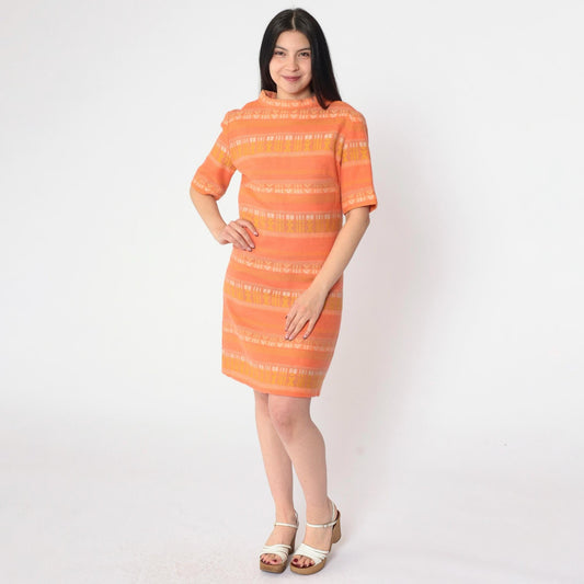 60s Mod Mini Dress Orange Geometric Woven Shift High Neck Short Sleeve Small