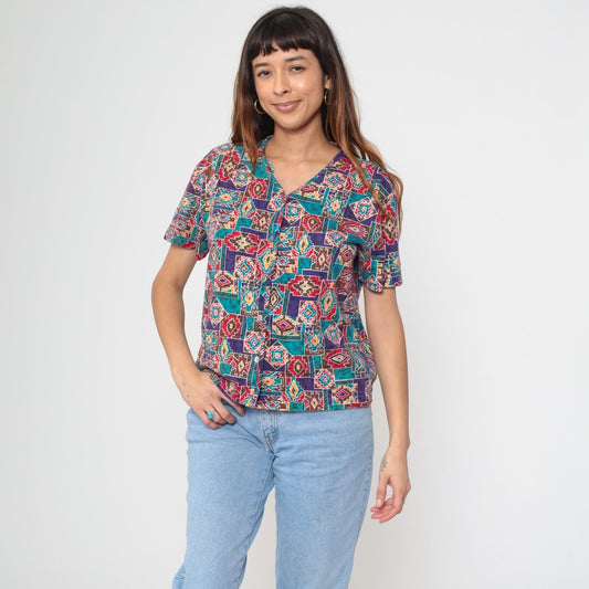 90s Southwestern Geometric Button-Up Blouse Cotton Short Sleeve Medium M