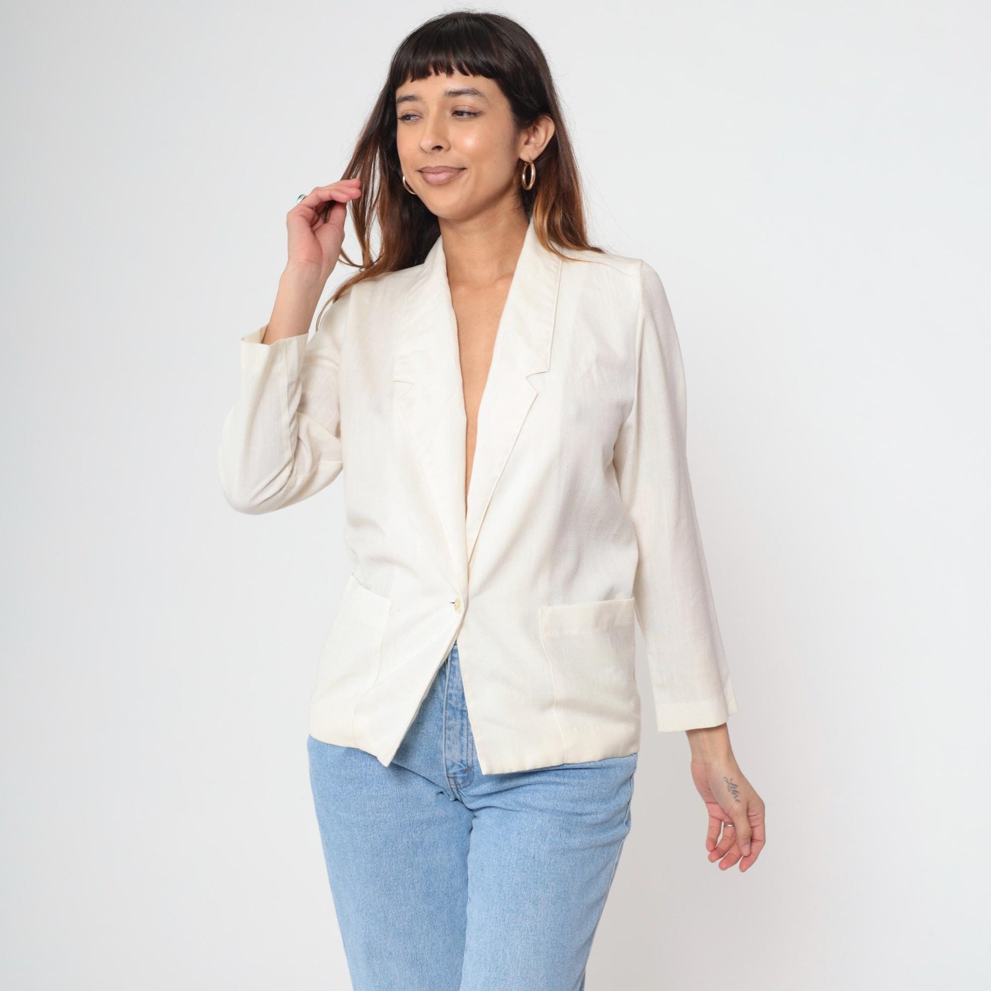 80s White Single Button Blazer Deep V Neck Structured Jacket Petite XS