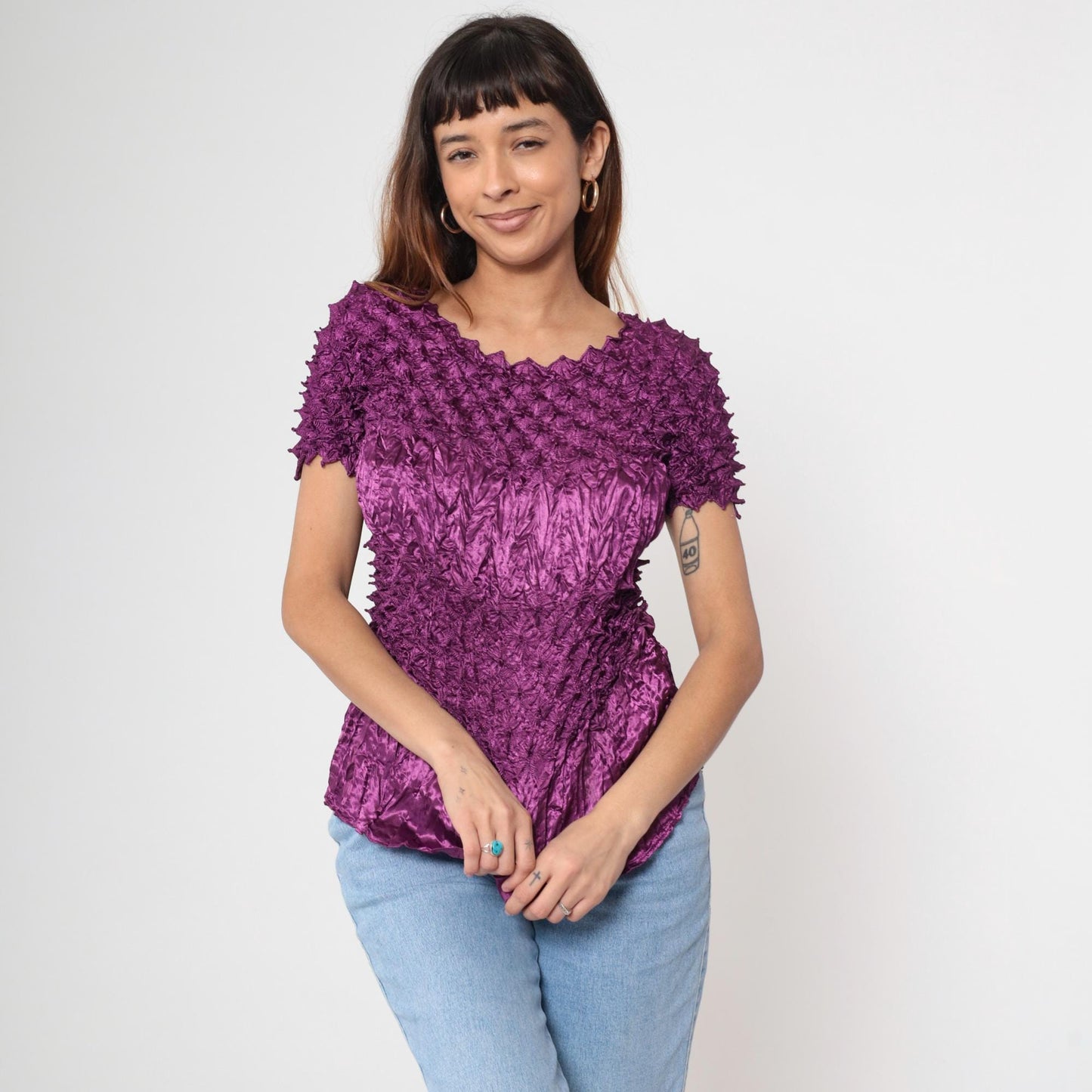 Y2K Purple Popcorn Textured Short Sleeve Top Small