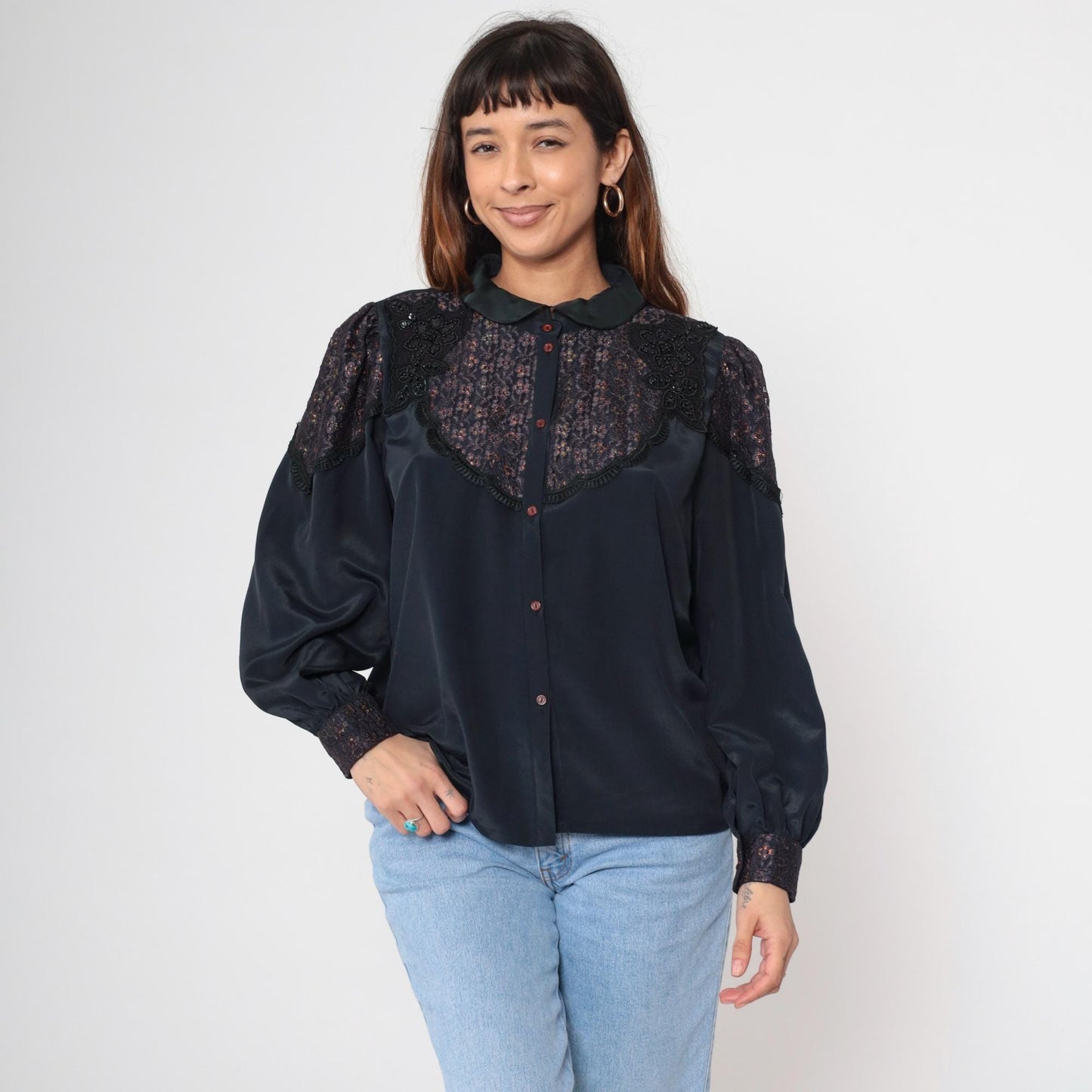 80s Black Satin Blouse Metallic Lace Yoke Beaded Sequin Puff Sleeve Medium