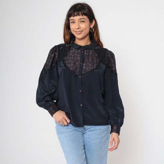 80s Black Satin Blouse Metallic Lace Yoke Beaded Sequin Puff Sleeve Medium