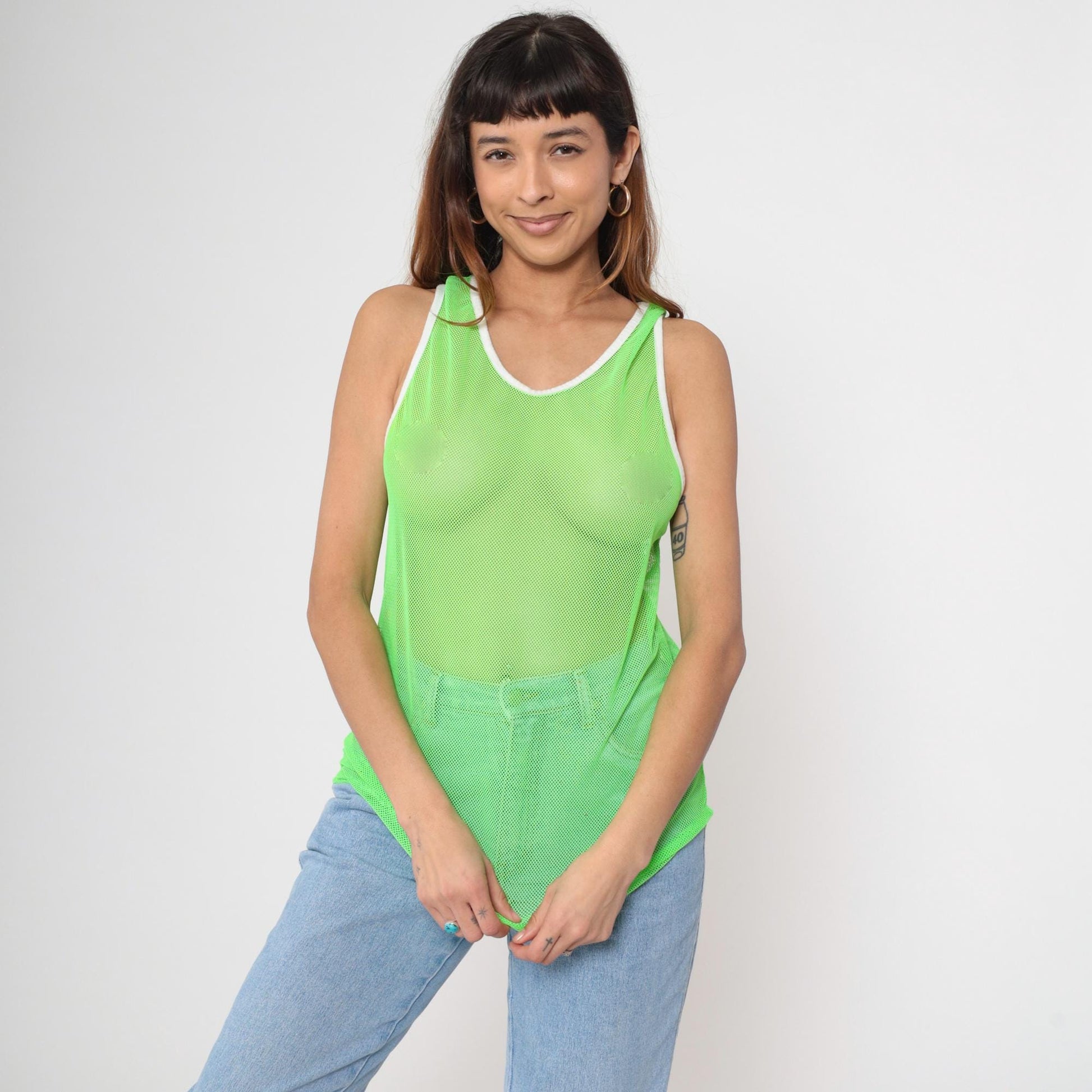 90s Neon Green Mesh Tank Top Sheer Racerback White Ringer Trim One Size