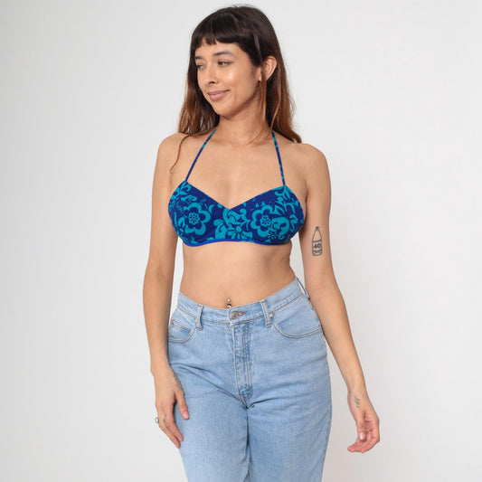 70s Hawaiian Floral Bikini Top Blue Halter Neck Tropical Swimwear Extra Small