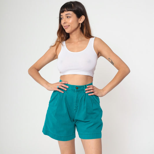 90s Lizwear Teal Denim Shorts High Waist Pleated Mom Shorts Extra Small XS