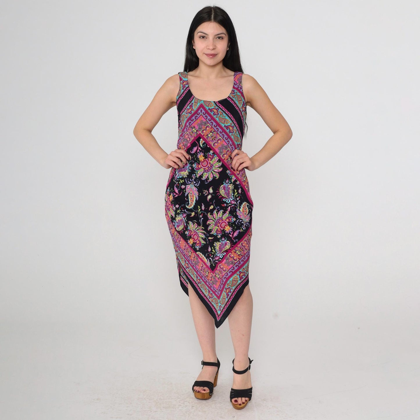 90s Ronni Nicole Black Paisley Floral Midi Dress Handkerchief Hem Small Petite
