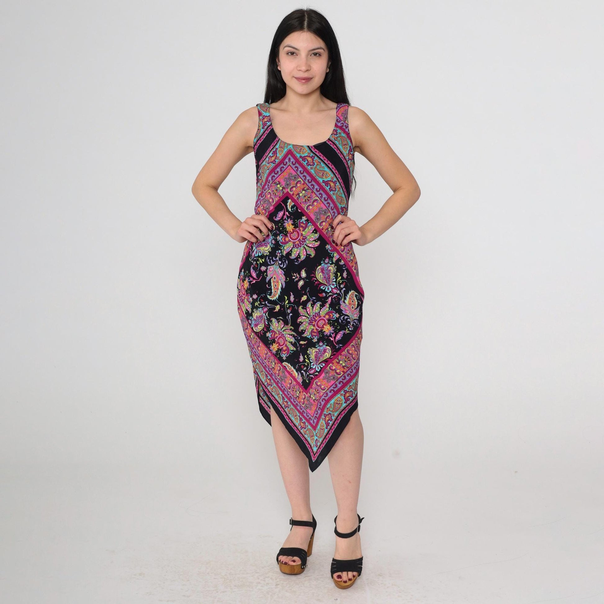 90s Ronni Nicole Black Paisley Floral Midi Dress Handkerchief Hem Small Petite