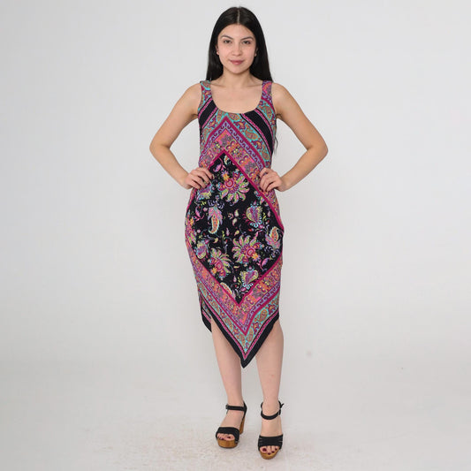 90s Ronni Nicole Black Paisley Floral Midi Dress Handkerchief Hem Small Petite