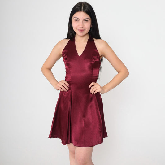 90s Jessica McClintock Gunne Sax Burgundy Satin Mini Halter Dress XS