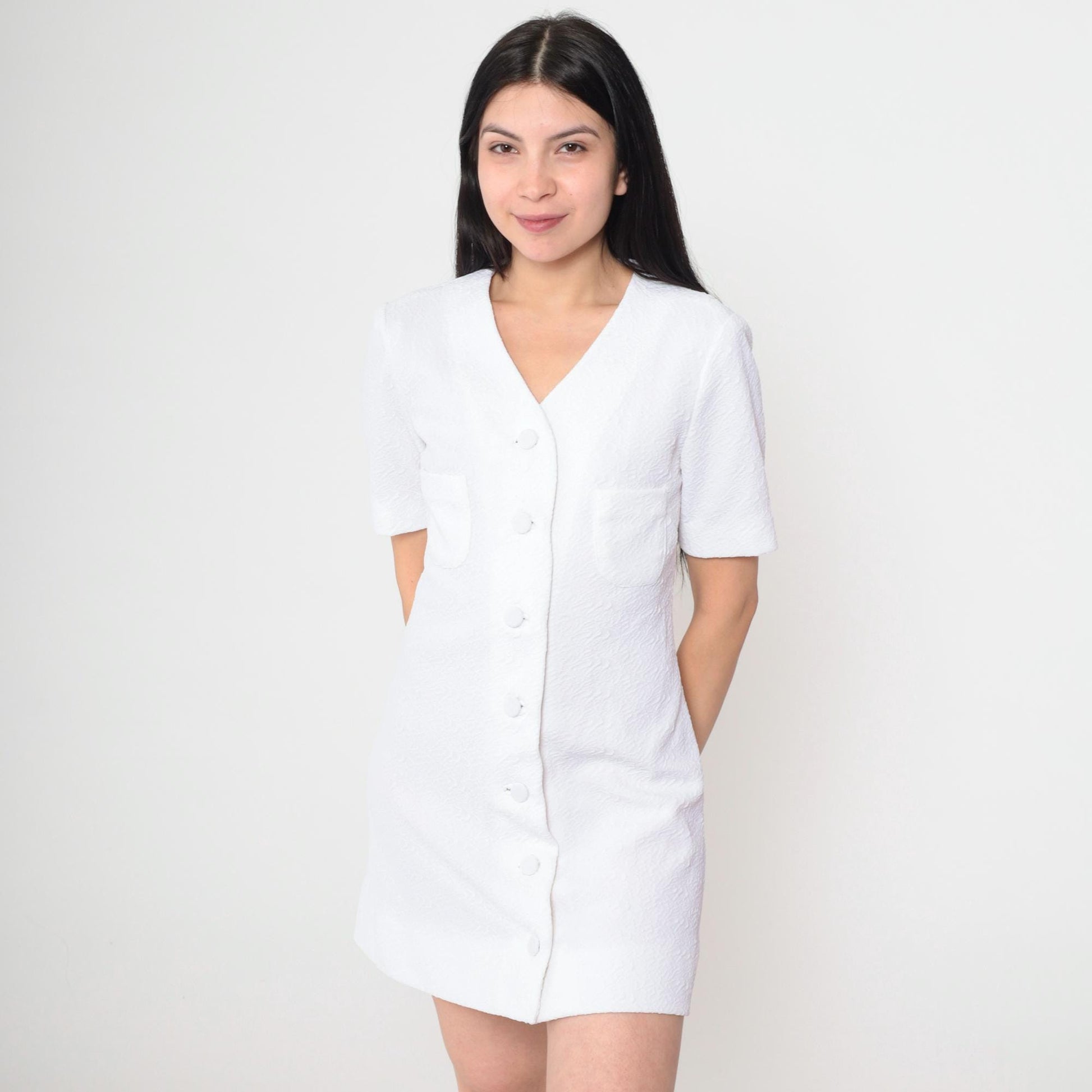 60s White Mod Shift Dress Mini Button-Up Chest Pocket Short Sleeve Small