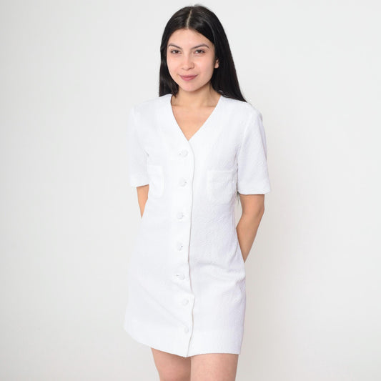 60s White Mod Shift Dress Mini Button-Up Chest Pocket Short Sleeve Small
