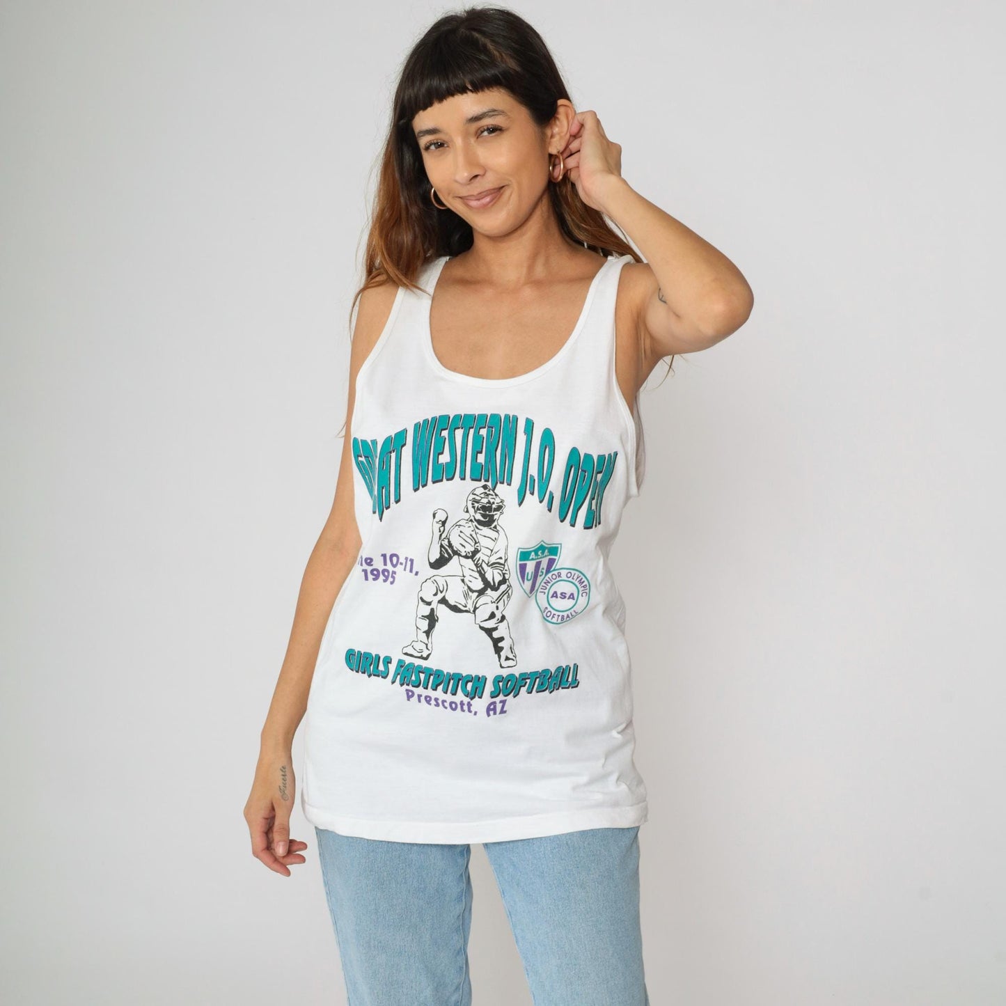 90s Great Western Junior Olympic Softball Tank Top White Cotton Graphic Large