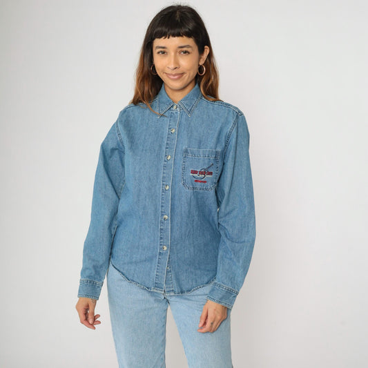 00s Hard Rock Cafe Memphis Denim Button-Up Shirt Blue Embroidered Medium M