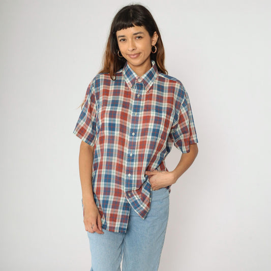 80s Towncraft Plaid Button-Up Shirt Rust White Blue Short Sleeve Large L